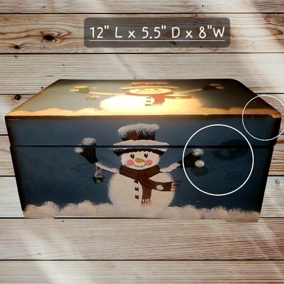 SNOWMAN - Large Wooden Hand Painted - Hinged Storage Box - Blue-Grey - Picture 2 of 8
